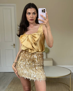 Alberta Ferretti Gold Silk Blouse and Embellished Mini Skirt Set Size IT 38 ( UK 6)