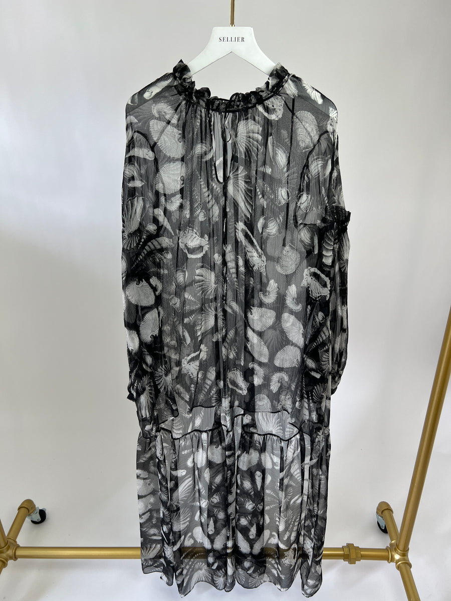 Alexander McQueen Silk Black, White Shell Print Sheer Tunic Blouse with Asymmetric Long Back Size IT 42 (UK 10)