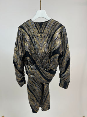 Dundas Black and Metallic Gold Left Print V-Neck Long Sleeve Draped Mini Dress IT 40 (UK 8)