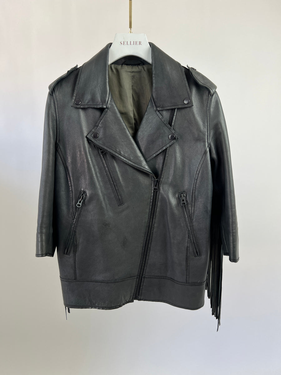Acne Charcoal Grey Leather Jacket with Tassel Detail Size FR 34 (UK 6)