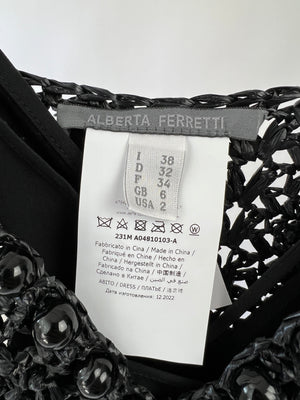 Alberta Ferretti Black Raffia Crochet Beaded Dress with Slip Size IT 38 (UK 6)