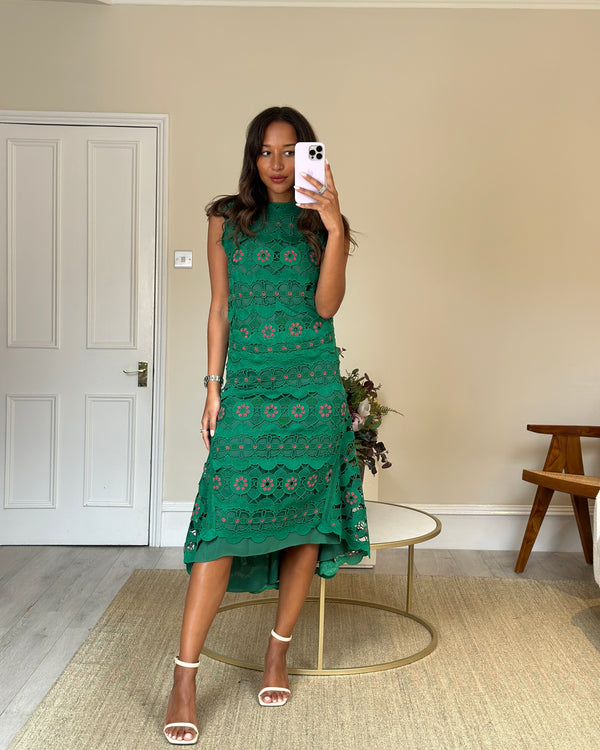Chloé Emerald Green & Pink Crochet Midi Dress Size FR 36 (UK 8)