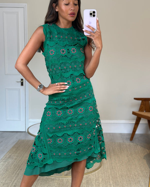 Chloé Emerald Green & Pink Crochet Midi Dress Size FR 36 (UK 8)