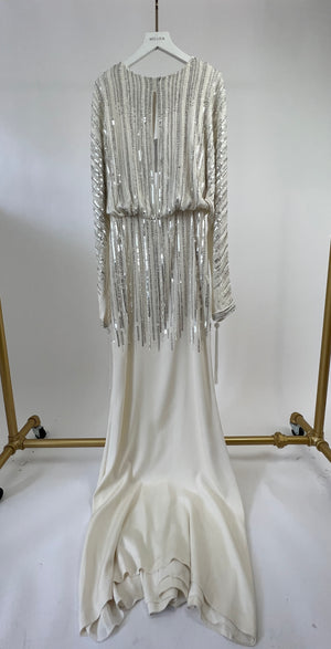 Alberta Ferretti White Long-Sleeve Sequin Gown Long Dress Size IT 38 (UK 6)