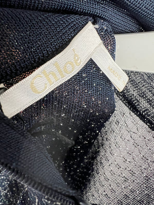 Chloe Sheer Navy, Silver Metallic Thread Long-Sleeve with Fluted Sleeve Jumper Size S (UK 8)