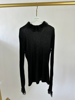 Philosophy Black Ribbed High Neck Top with Lace Detail Size FR 36 (UK 8)