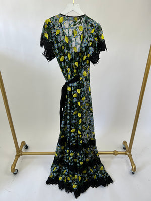 Diane Von Furstenberg Black, Green and Yellow Lemon Print Lace Midi Dress Size XS (UK 6-8)