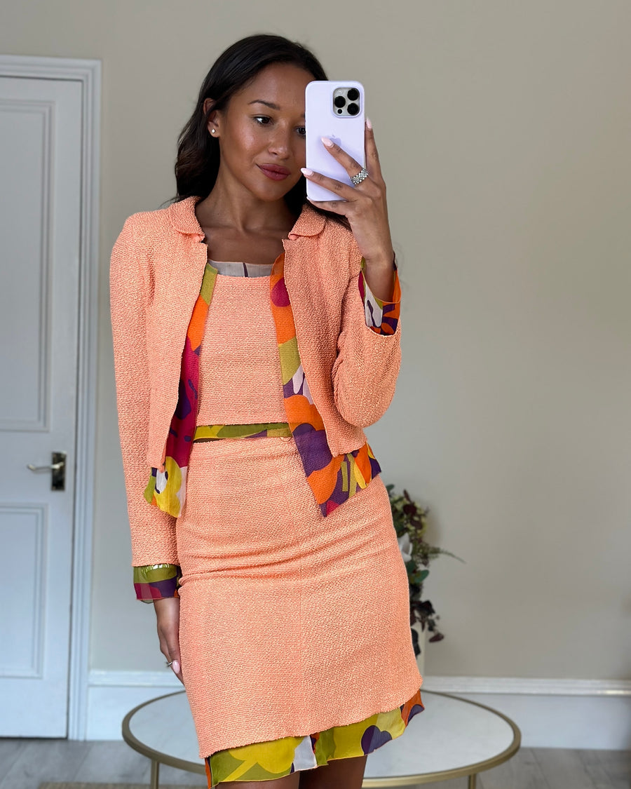 Chanel Peach Three Piece Set with Multicoloured Silk Trim and Shoulder Pad Detailing FR 38 (UK 10)