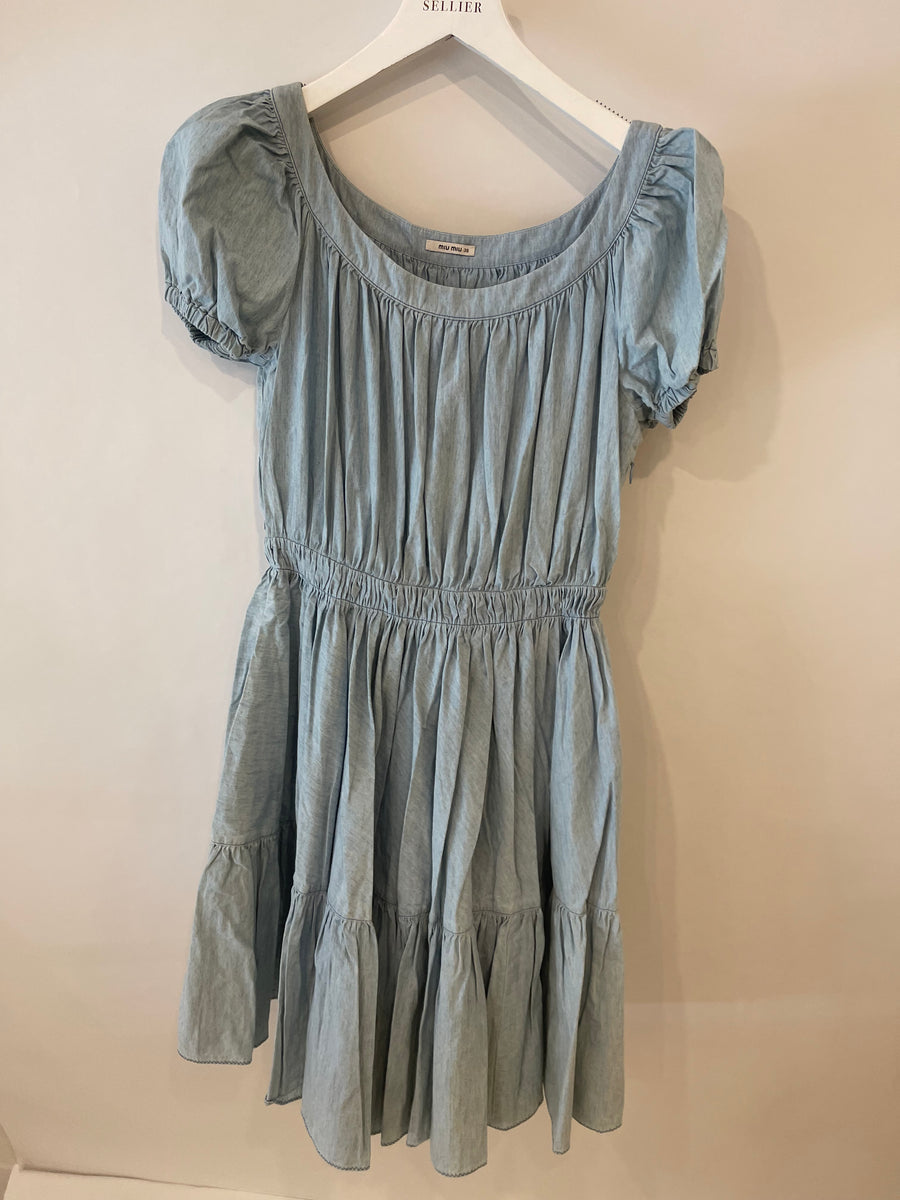 Miu Miu Blue Denim Mini Dress with Puffy Sleeves Size IT 38 (UK 6)