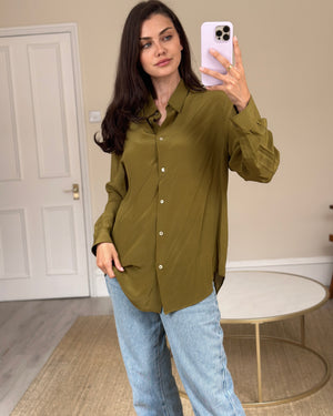 Acne Khaki Silk Button Down Shirt with Open Back Detail Size FR 38 (UK 10)