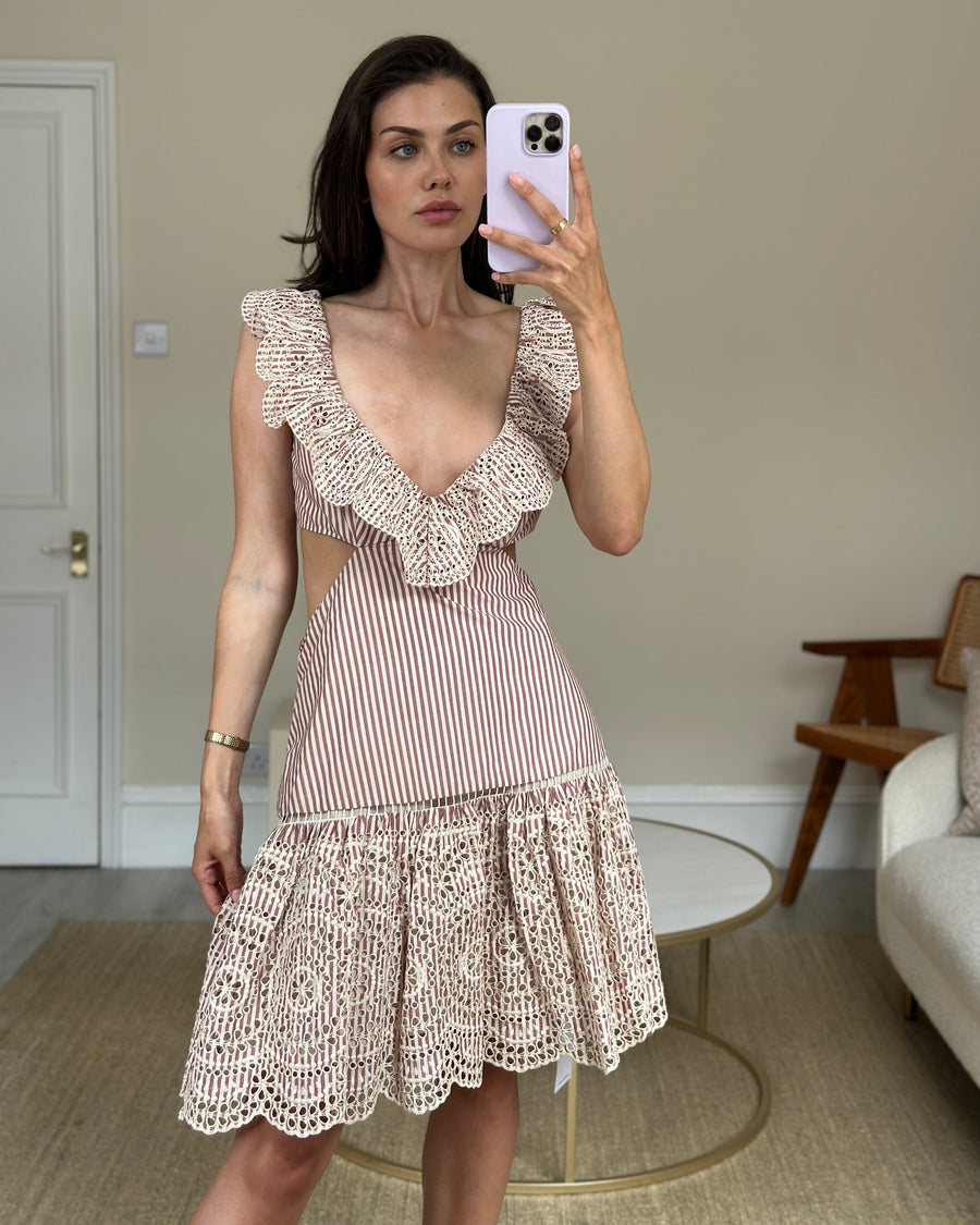 Zimmermann Pink and White Anglaise Embroidered Cut-Out Dress Size 2 (UK 10-12)