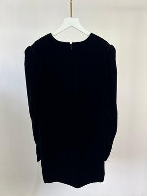 Saint Laurent Black Long Sleeve Velvet V Neck Dress with Ruched Detailing FR 40 (UK 12)