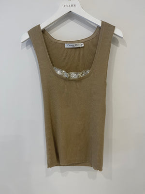 Dior Camel Knit Cashmere Silk Top and Cardigan Set with Embellished Collar Size FR 38 (UK 10)