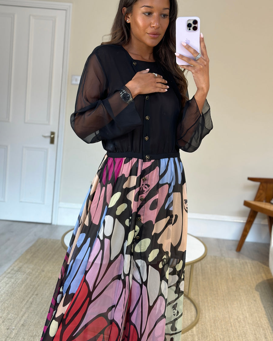 RUNWAY* Chanel Black & Multi-Coloured Silk Sheer Butterfly Maxi Dress –  Sellier