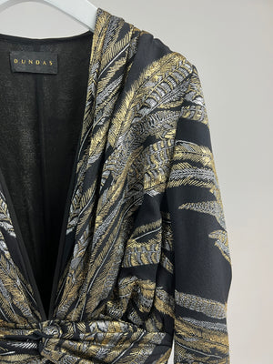Dundas Black and Metallic Gold Left Print V-Neck Long Sleeve Draped Mini Dress IT 40 (UK 8)