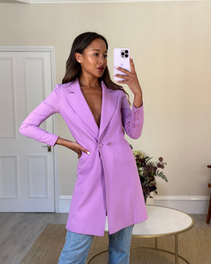 Chanel Vintage 97P Lilac Longline Blazer with CC Button Detail Size FR 38 (UK 10)
