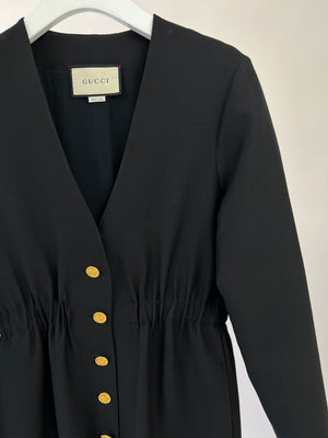 Gucci Black Long-Sleeve V-Neck Jumpsuit with Gold Button Detail Size IT 38 (UK 6)