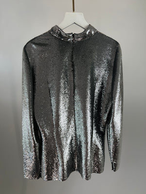Saint Laurent Silver Sequin Long Sleeve High Neck Shirt Size FR 38 (UK 10)