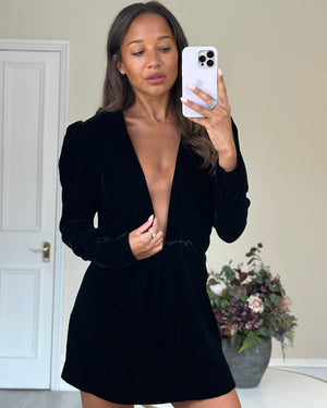 Saint Laurent Black Long Sleeve Velvet V Neck Dress with Ruched Detailing FR 40 (UK 12)