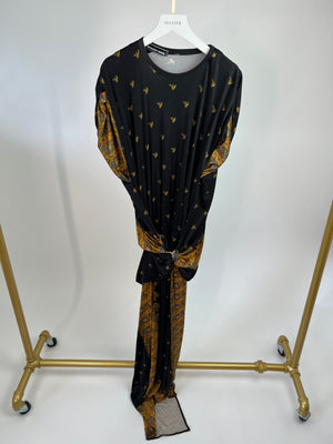 Paco Rabanne Black and Brown Paisley Print Draped Dress with Gold Ring Detail Size FR 38 (UK 10)