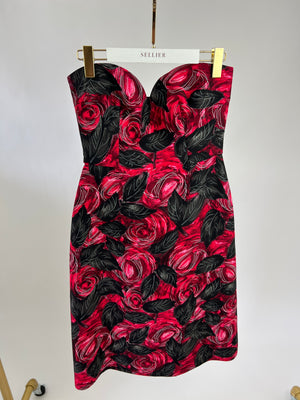 Prada Red and Black Rose Printed Strapless Midi Dress Size IT 42 (UK 10)