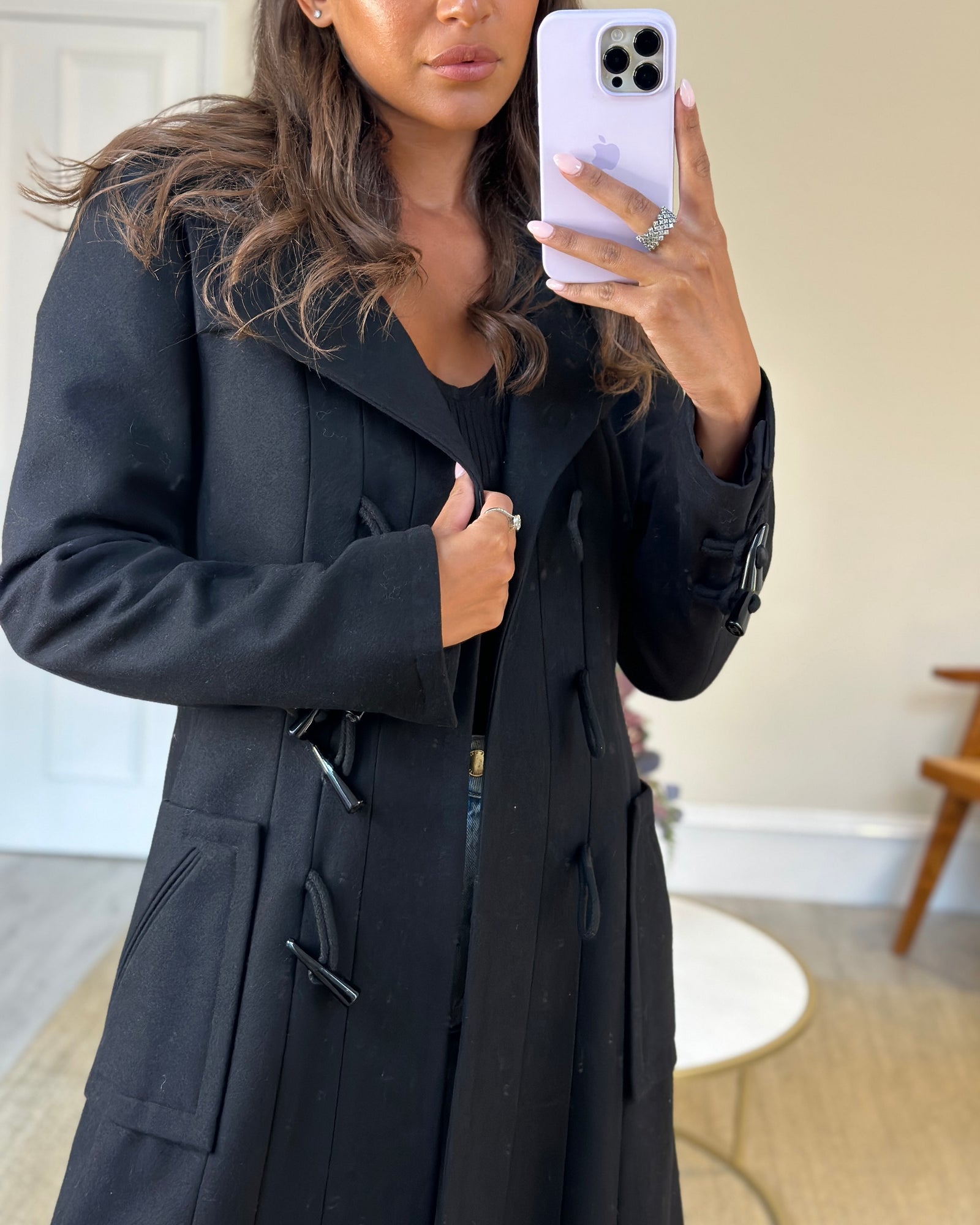 Black longline wool coat deals