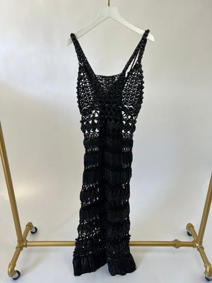 Alberta Ferretti Black Raffia Crochet Beaded Dress with Slip Size IT 38 (UK 6)