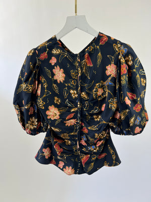 Ulla Johnson Navy and Floral Ruched V Neck Blouse with Balloon Sleeves US 4 (UK 8)