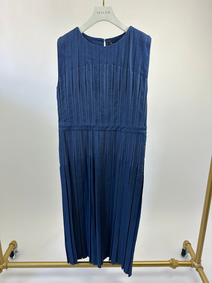 Loro Piana Blue Denim Sleeveless Pleated Long Dress IT 48 (UK 16)