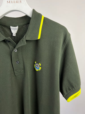 Kenzo Khaki Polo Shirt with Tiger Embroidered Logo and Yellow Trim Size M (UK 38)