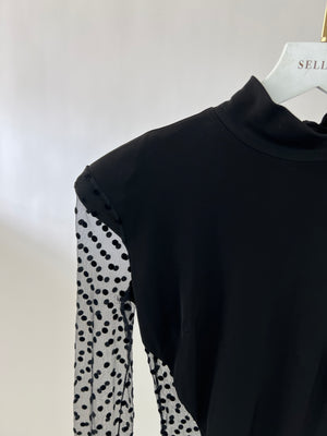 Balmain Black High Neck Mini Dress with Polka Dot Mesh Cut Out Detail Size FR 38 ( UK 10)
