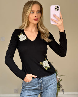 Chanel Black Cashmere V-Neck Jumper with Embellished Flowers FR 38 (UK 10)