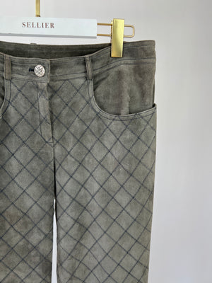 Chanel Grey Suede Trousers with Navy Diamond Stitch Size FR 40 (UK 12)
