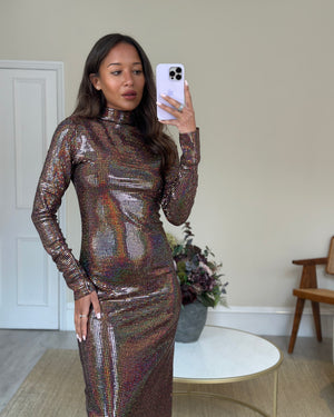 Dodo Bar Or Long-Sleeve Brown Sequin/Embellished Dress with Scrunchie Size IT 40 (UK 8)
