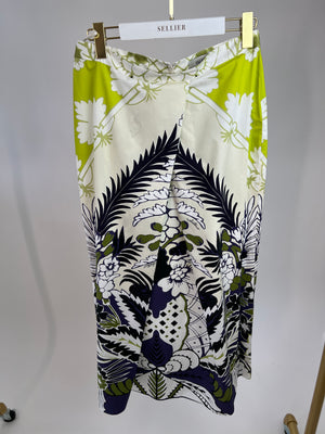 Valentino Green, Cream, Brown Feather-Trim Top and Skirt Printed Set Size IT 42 (UK 10)