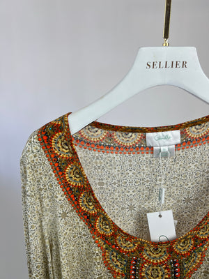 Camilla Green and Orange Floral Long-Sleeved Embellished Top with Thumbhole Detail Size XL (UK 16)