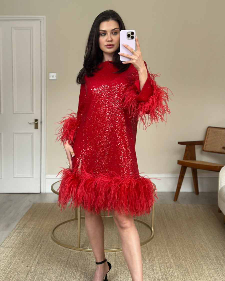 16ARLINGTON Red Sequin and Feather Long Sleeve Party Dress FR 40 (UK 12)