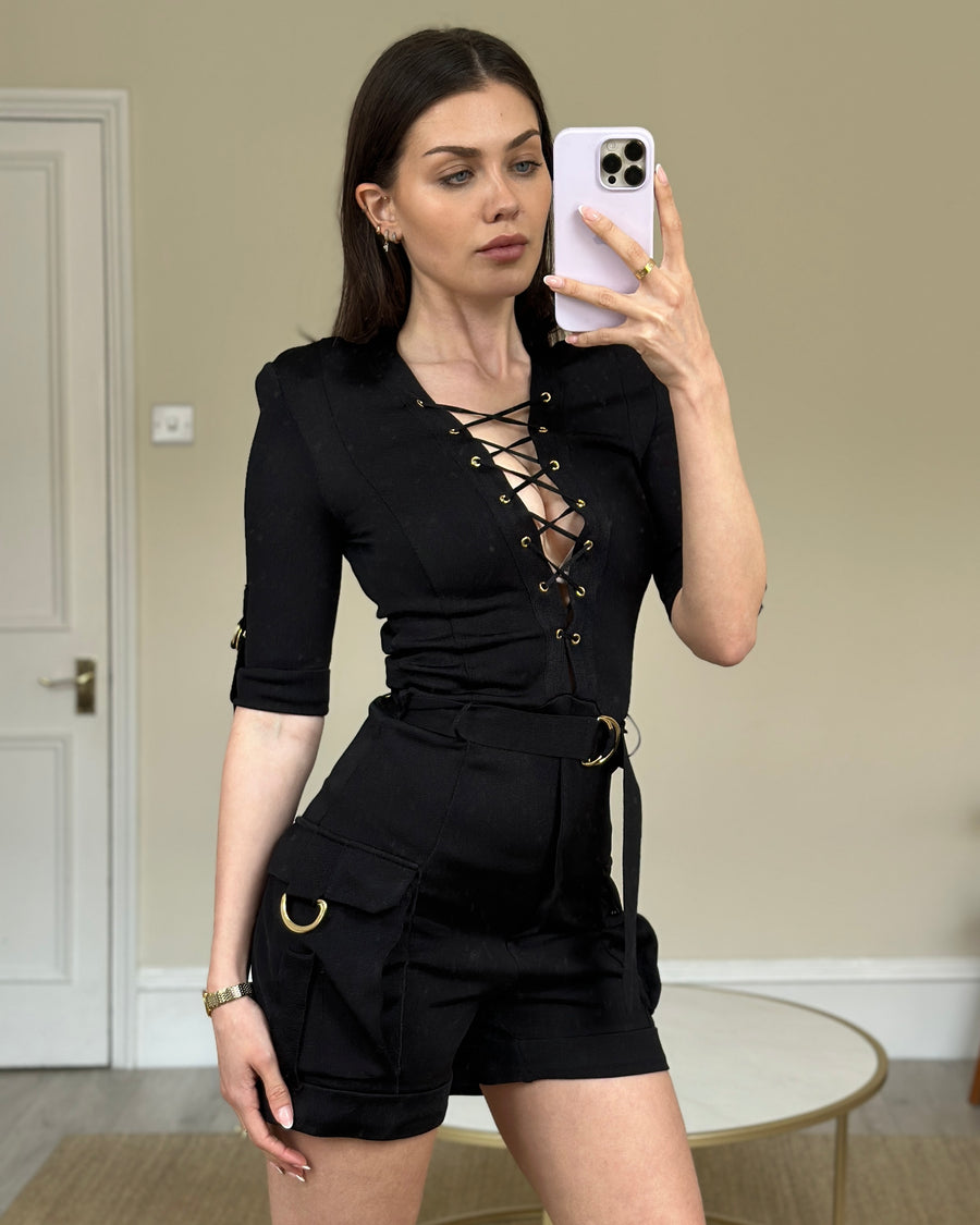 Balmain Black Knitted Playsuit with Gold Detailing Size FR 34 (UK 6)