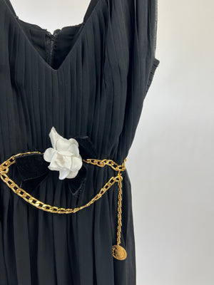 Chanel Black Silk Pleated Mini Dress with Gold Chain Belt and Flower Bow Detail FR 34 (UK 6)