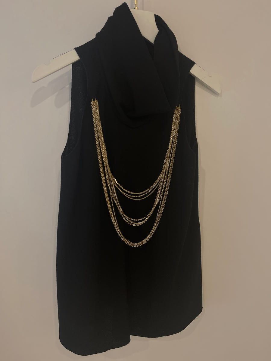 Chanel Black Wool High-neck Top with Gold CC Logo Chain Detail Size FR 36 (UK 8)
