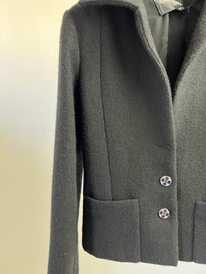 Chanel Black Wool Blazer with Silver and Blue Button Detail Size FR 34 (UK 6)