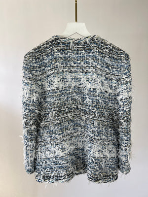 Chanel Baby Blue and White Tweed Jacket with Iridescent CC Logo Button Details Size FR 40 (UK 12)