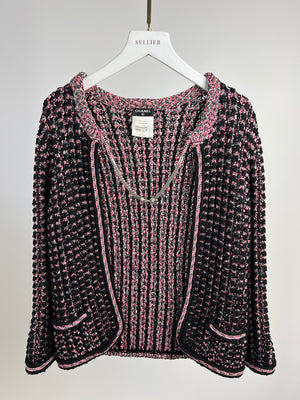 Chanel Black, Pink and Green Tweed Cardigan with Chain Neck Tie and CC Detail FR 36 (UK 8)