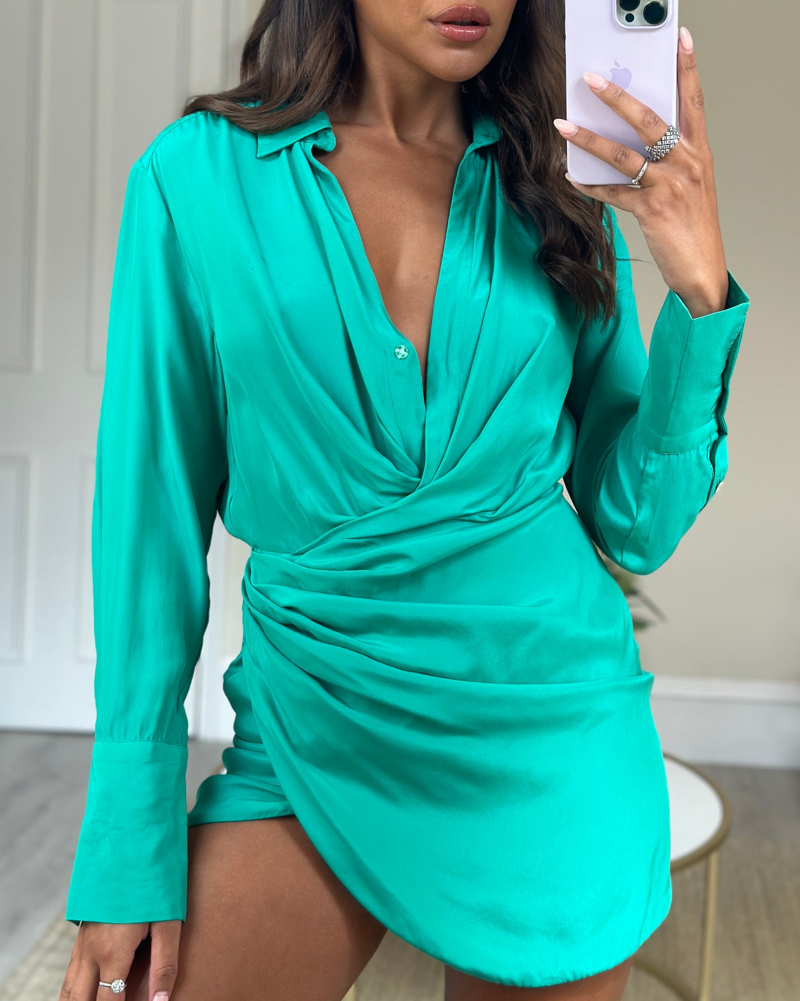 Gauge81 Emerald Green Silk Ruched Shirt Dress with Crystal