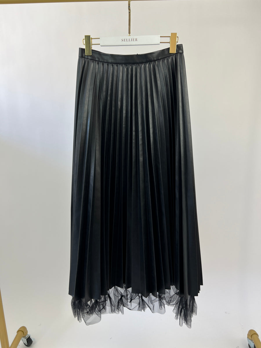 Ermanno Scervino Black Faux Leather Pleated Skirt with Tulle Detail Size IT44 (UK 12)