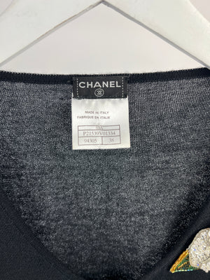 Chanel Black Cashmere V-Neck Jumper with Embellished Flowers FR 38 (UK 10)