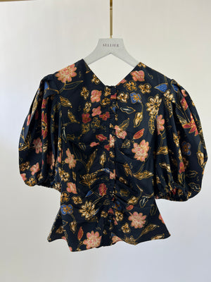 Ulla Johnson Navy and Floral Ruched V Neck Blouse with Balloon Sleeves US 4 (UK 8)