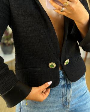 Chanel Black Tweed Jacket with Satin Collar and Crystal Button Detail FR 42 (UK 14)