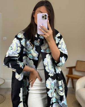Yuliya Magdych Black Silk Embroidered Oversized Coat Size UK 10