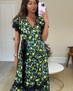 Diane Von Furstenberg Black, Green and Yellow Lemon Print Lace Midi Dress Size XS (UK 6-8)